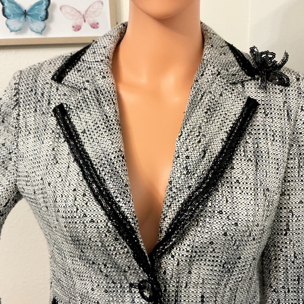 Bergamo Studio Tweed Blazer Jacket Black White Sequin Trim Size 6 - Picture 7 of 13